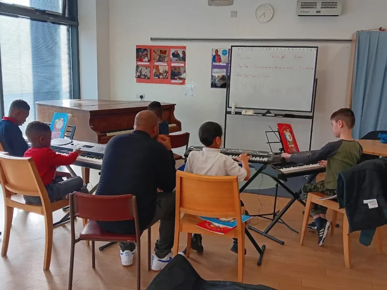 Children learning keyboard in a group music class